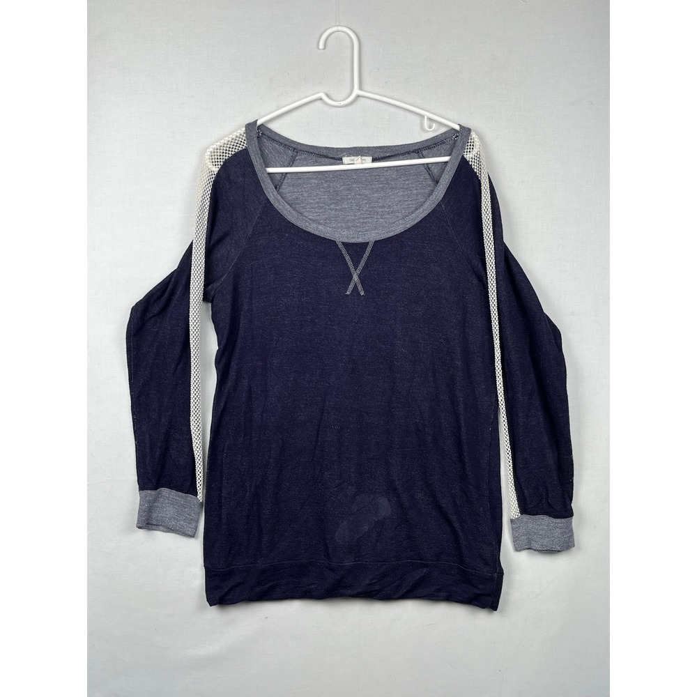 Ava James Top Womens Large Mesh Stripe Long Sleeve Pullover‎ Navy Blue Gray L
